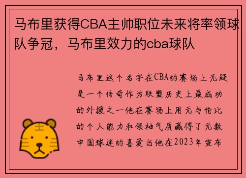 马布里获得CBA主帅职位未来将率领球队争冠，马布里效力的cba球队